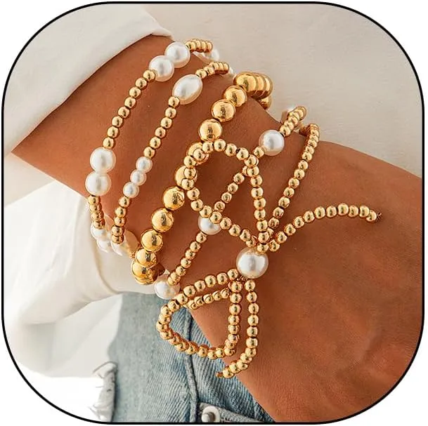 YOOESTORES82 Gold Bead Bow Bracelet Set Beaded Bowknot Bracelets For Women Stretch Pearl Stackable Bracelets Gold Jewelry Christmas Gift