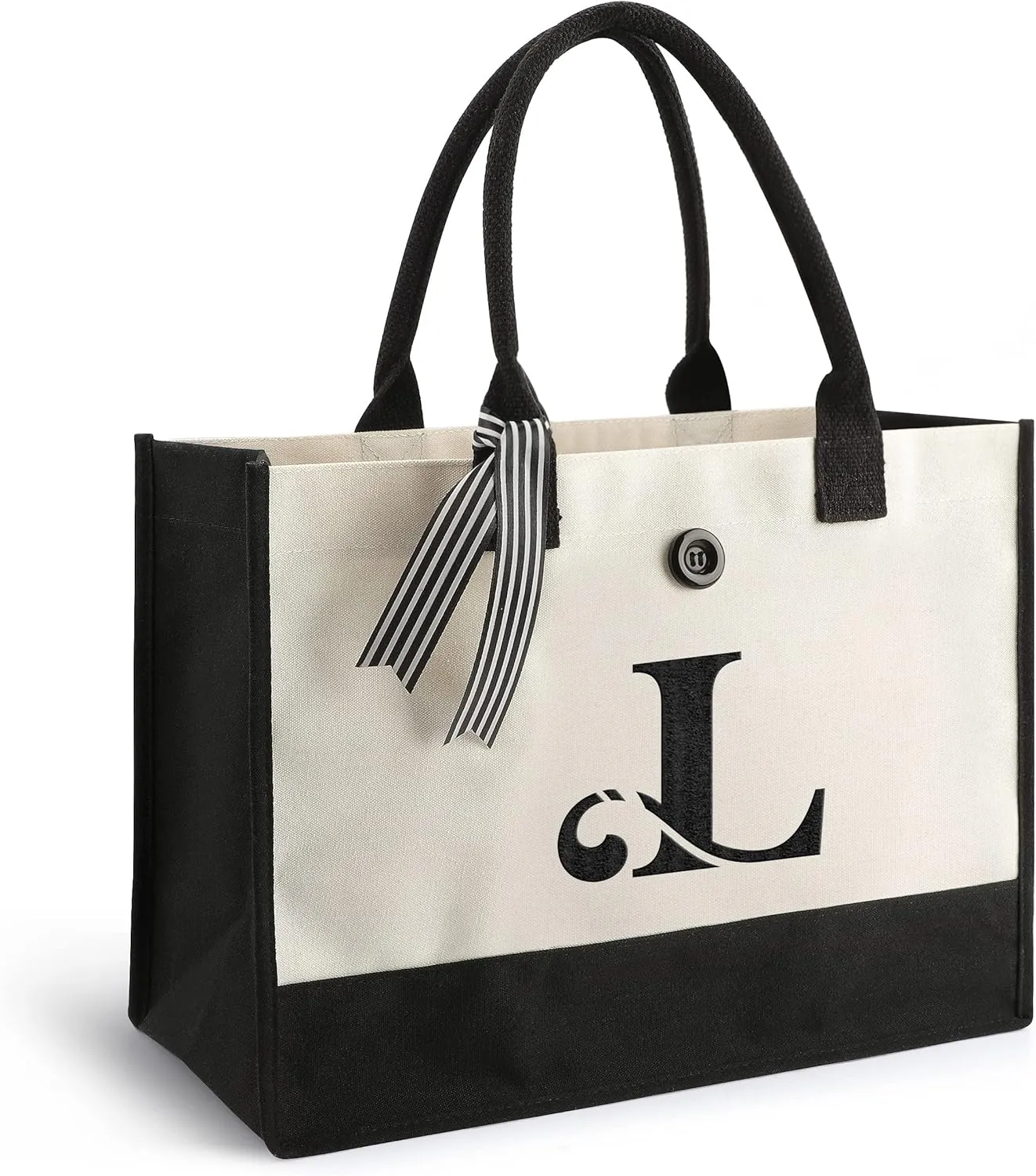 YOOFAN Initial Canvas Tote Bag - Personalized Monogrammed Gift Tote Bag for Wedding, Birthday, Beach, Holiday - Gift for Women, Mom, Teachers, Friends, Bridesmaids (L)