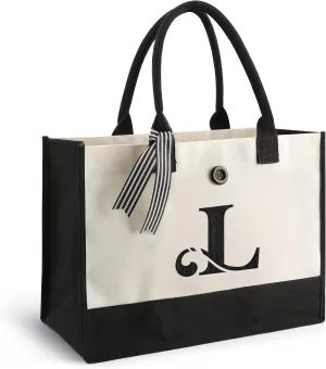 YOOFAN Initial Canvas Tote Bag - Personalized Monogrammed Gift Tote Bag for Wedding, Birthday, Beach, Holiday - Gift for Women, Mom, Teachers, Friends, Bridesmaids (L)