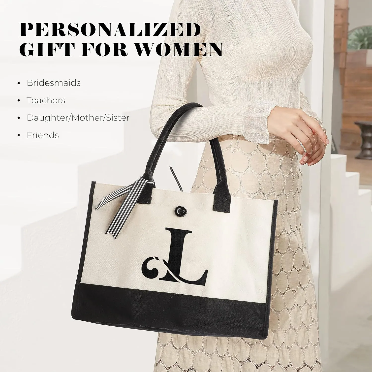 YOOFAN Initial Canvas Tote Bag - Personalized Monogrammed Gift Tote Bag for Wedding, Birthday, Beach, Holiday - Gift for Women, Mom, Teachers, Friends, Bridesmaids (L)