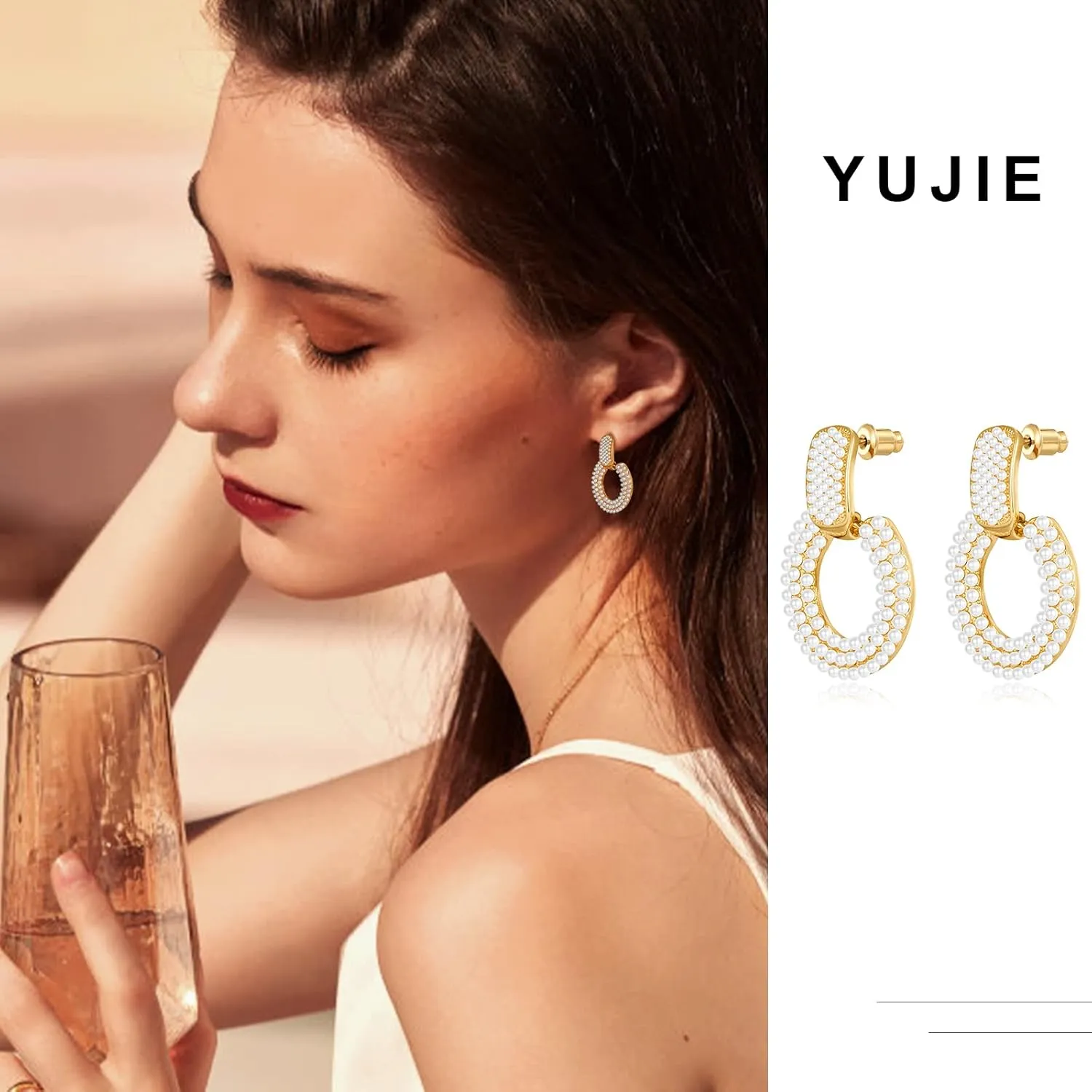 YUJIE Women's Chic Pearl Earrings Geometric Pearl Drop Earrings Pearl Dangle Earrings Jewelry