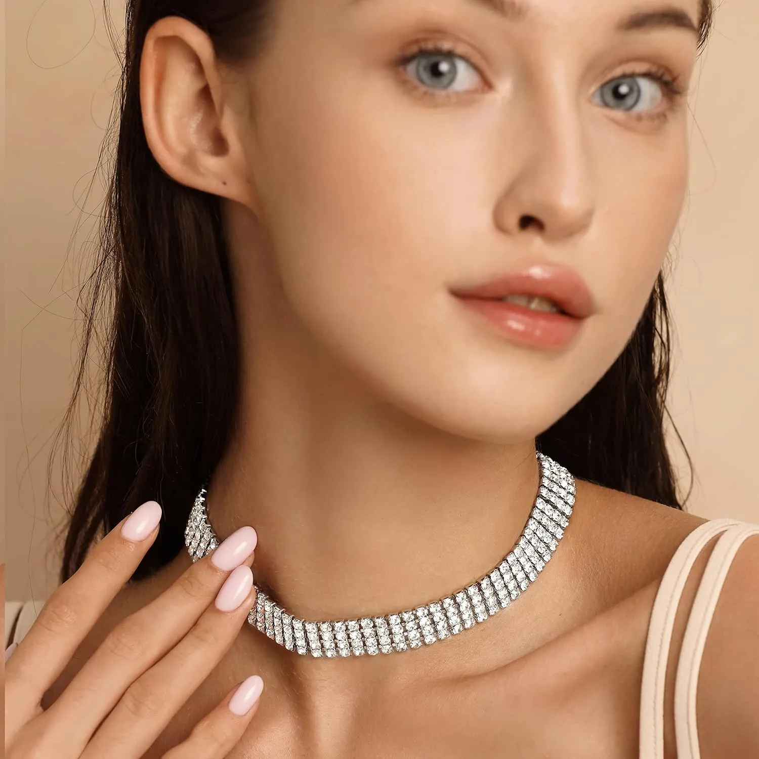 Zealmer 18K Gold Plated 1-6 Rows Rhinestone Choker Necklace & Bracelets Set Bridal Jewelry