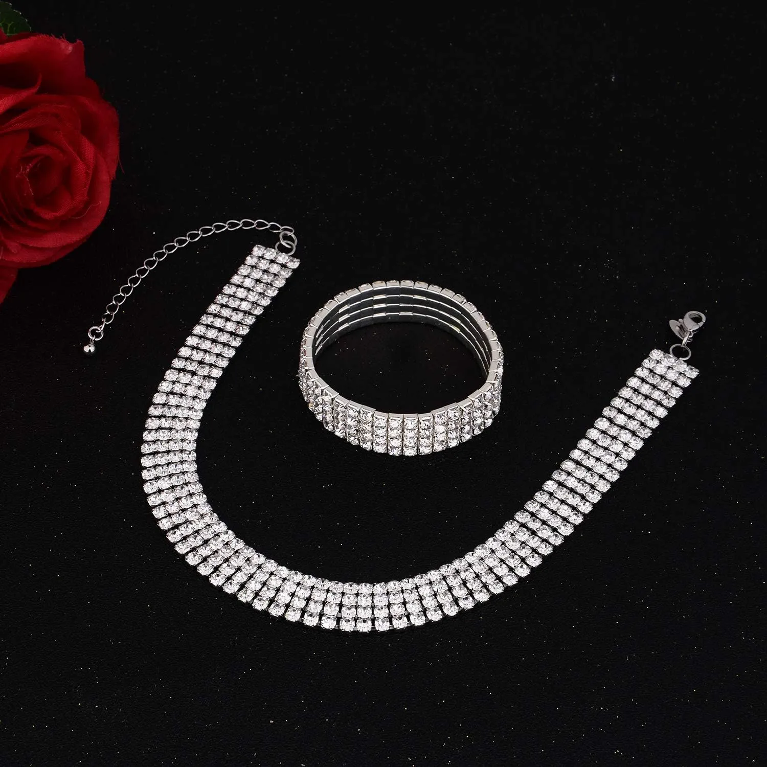 Zealmer 18K Gold Plated 1-6 Rows Rhinestone Choker Necklace & Bracelets Set Bridal Jewelry