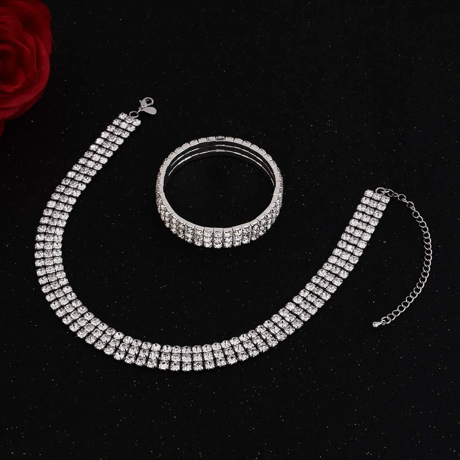 Zealmer 18K Gold Plated 1-6 Rows Rhinestone Choker Necklace & Bracelets Set Bridal Jewelry