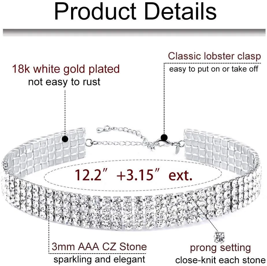Zealmer 18K Gold Plated 1-6 Rows Rhinestone Choker Necklace & Bracelets Set Bridal Jewelry