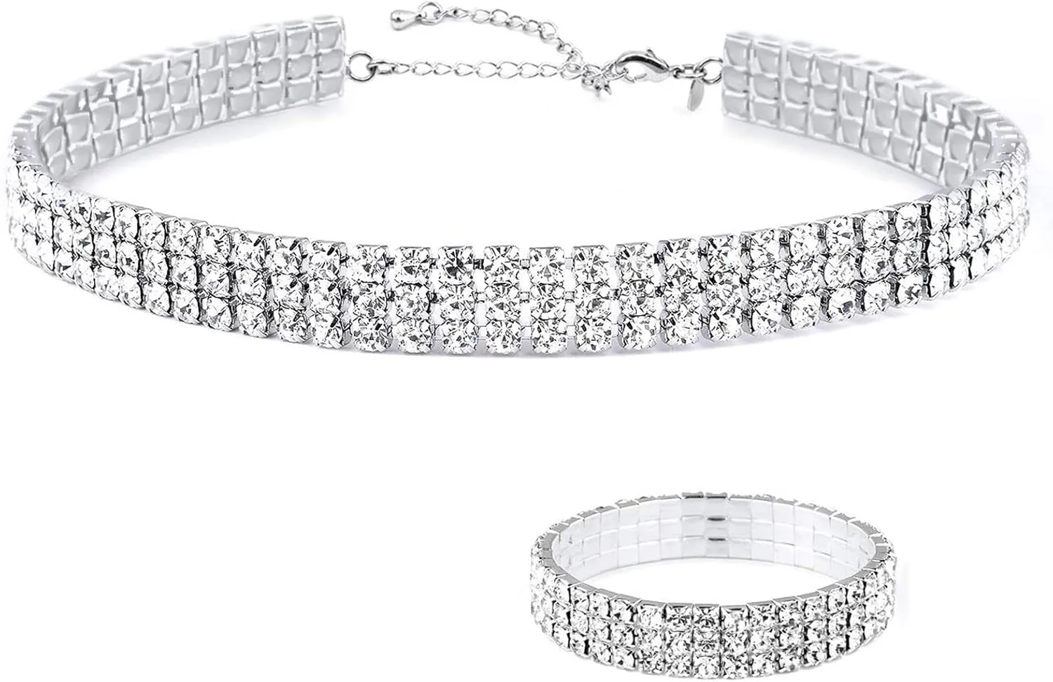 Zealmer 18K Gold Plated 1-6 Rows Rhinestone Choker Necklace & Bracelets Set Bridal Jewelry