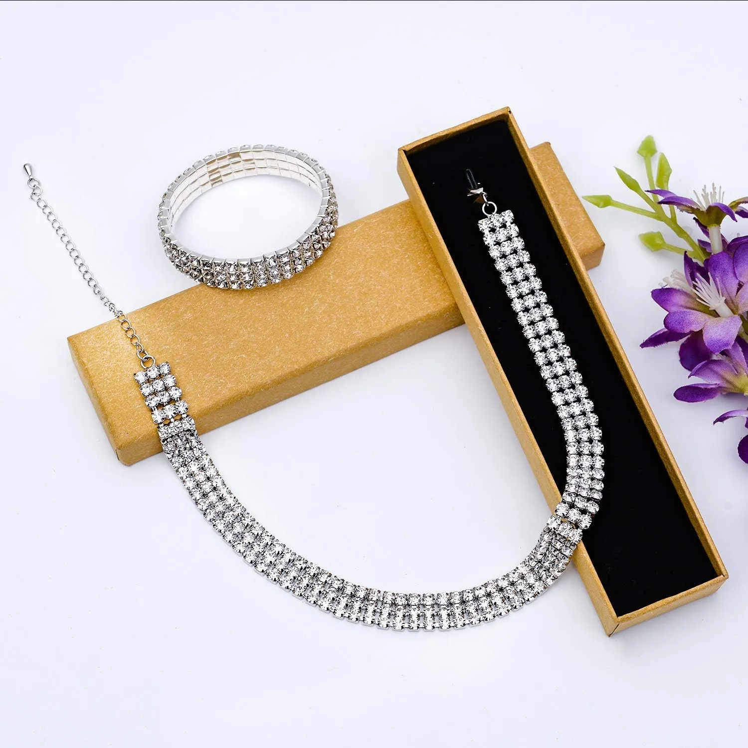 Zealmer 18K Gold Plated 1-6 Rows Rhinestone Choker Necklace & Bracelets Set Bridal Jewelry