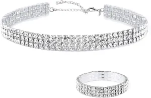 Zealmer 18K Gold Plated 1-6 Rows Rhinestone Choker Necklace & Bracelets Set Bridal Jewelry