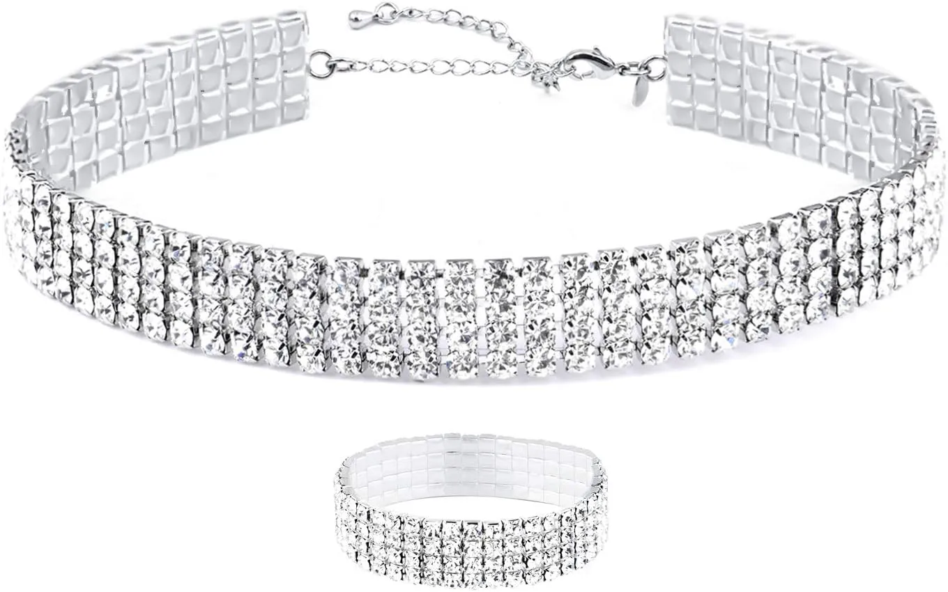 Zealmer 18K Gold Plated 1-6 Rows Rhinestone Choker Necklace & Bracelets Set Bridal Jewelry