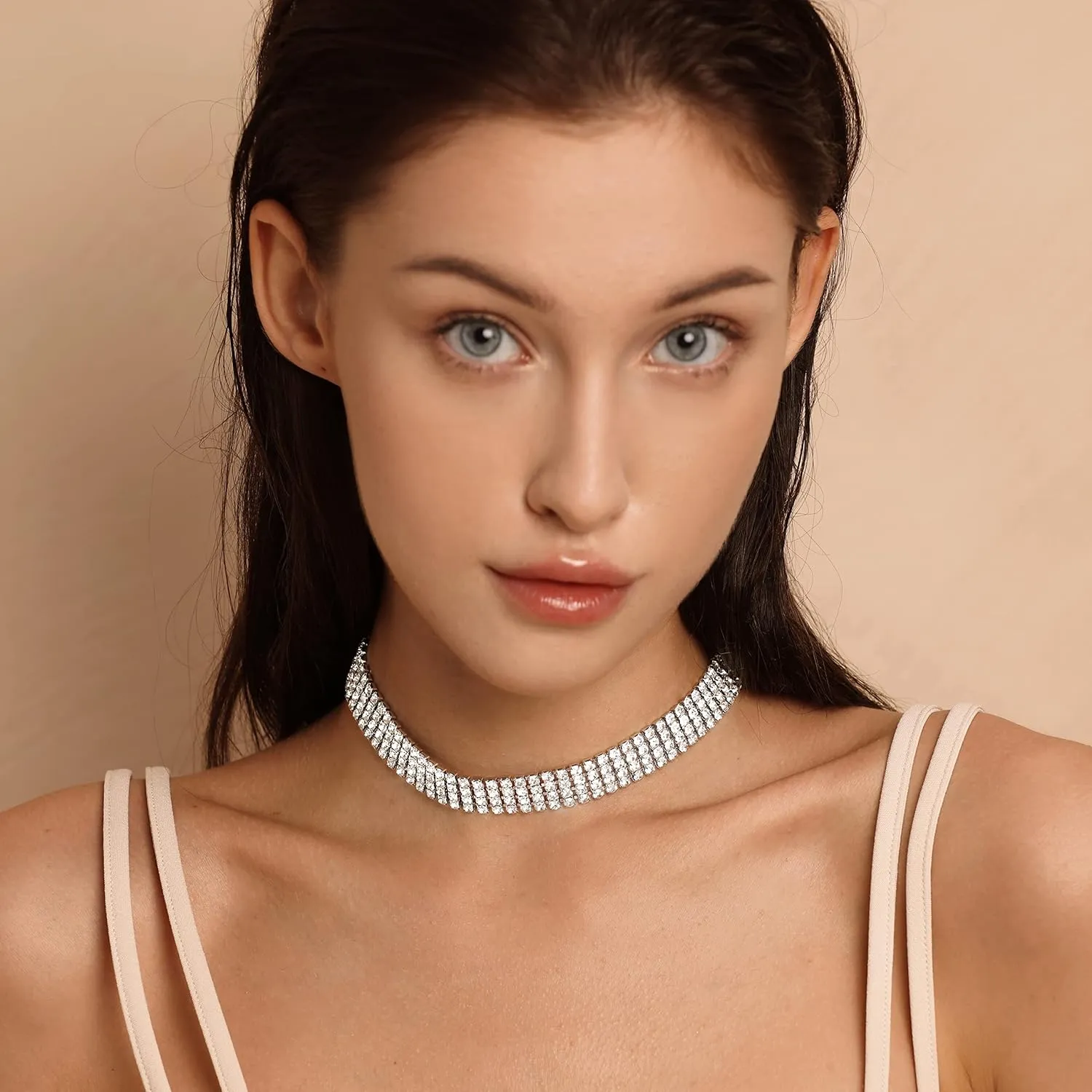 Zealmer 18K Gold Plated 1-6 Rows Rhinestone Choker Necklace & Bracelets Set Bridal Jewelry