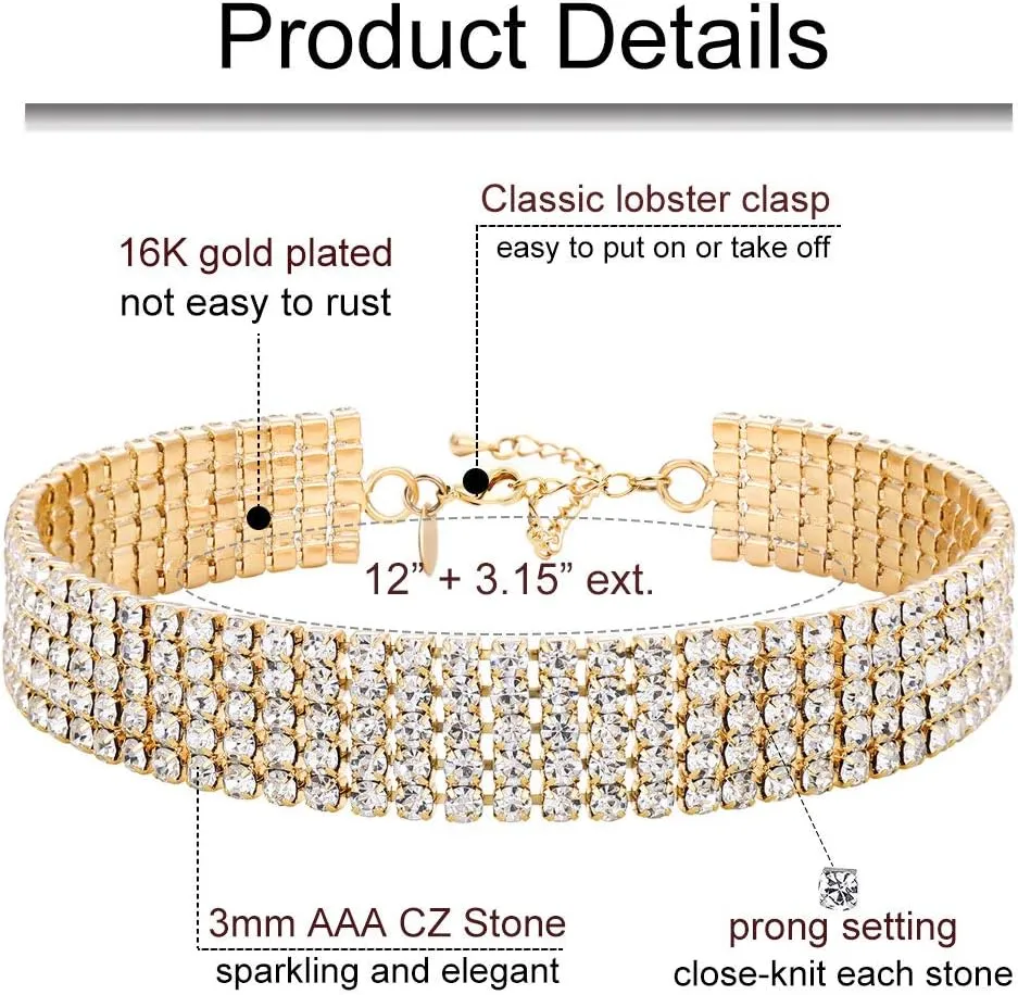 Zealmer 18K Yellow Gold Plated 1-5 Rows Rhinestone Choker Necklace & Stretch Bracelets Set Wedding Jewelry