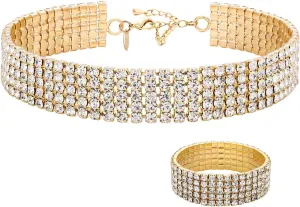 Zealmer 18K Yellow Gold Plated 1-5 Rows Rhinestone Choker Necklace & Stretch Bracelets Set Wedding Jewelry