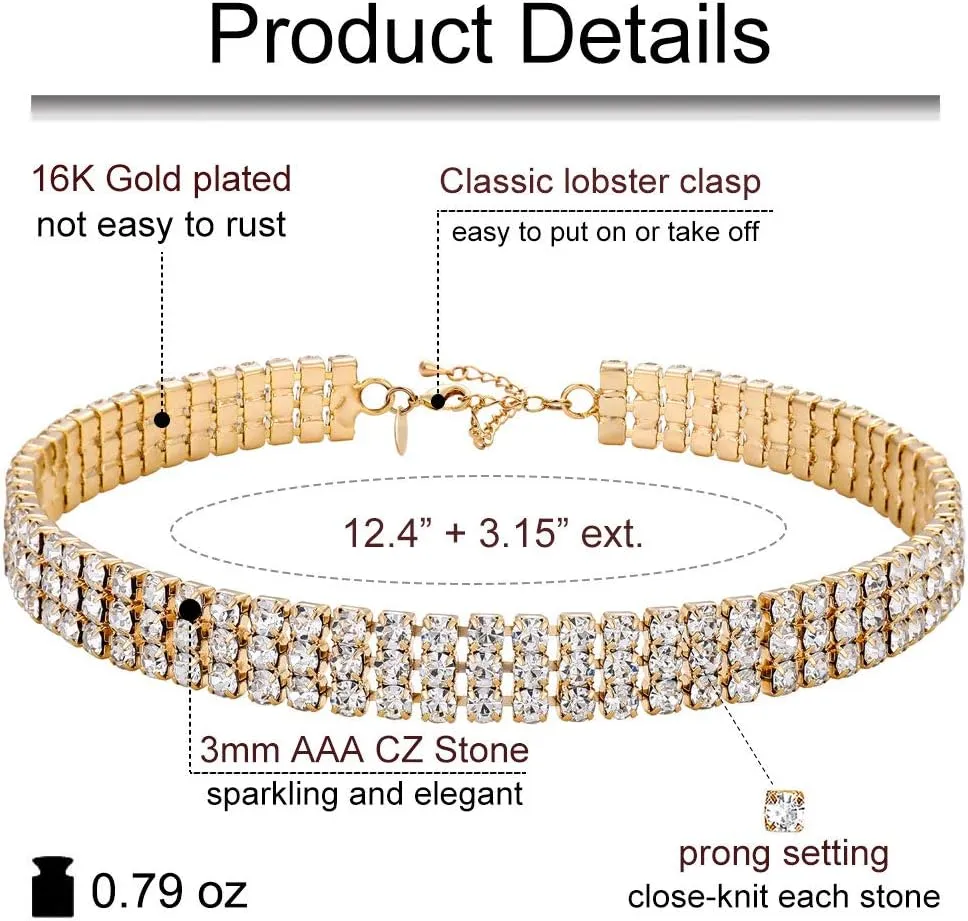Zealmer 3 Row Rhinestone Choker Necklace for Women 18K Gold Plated