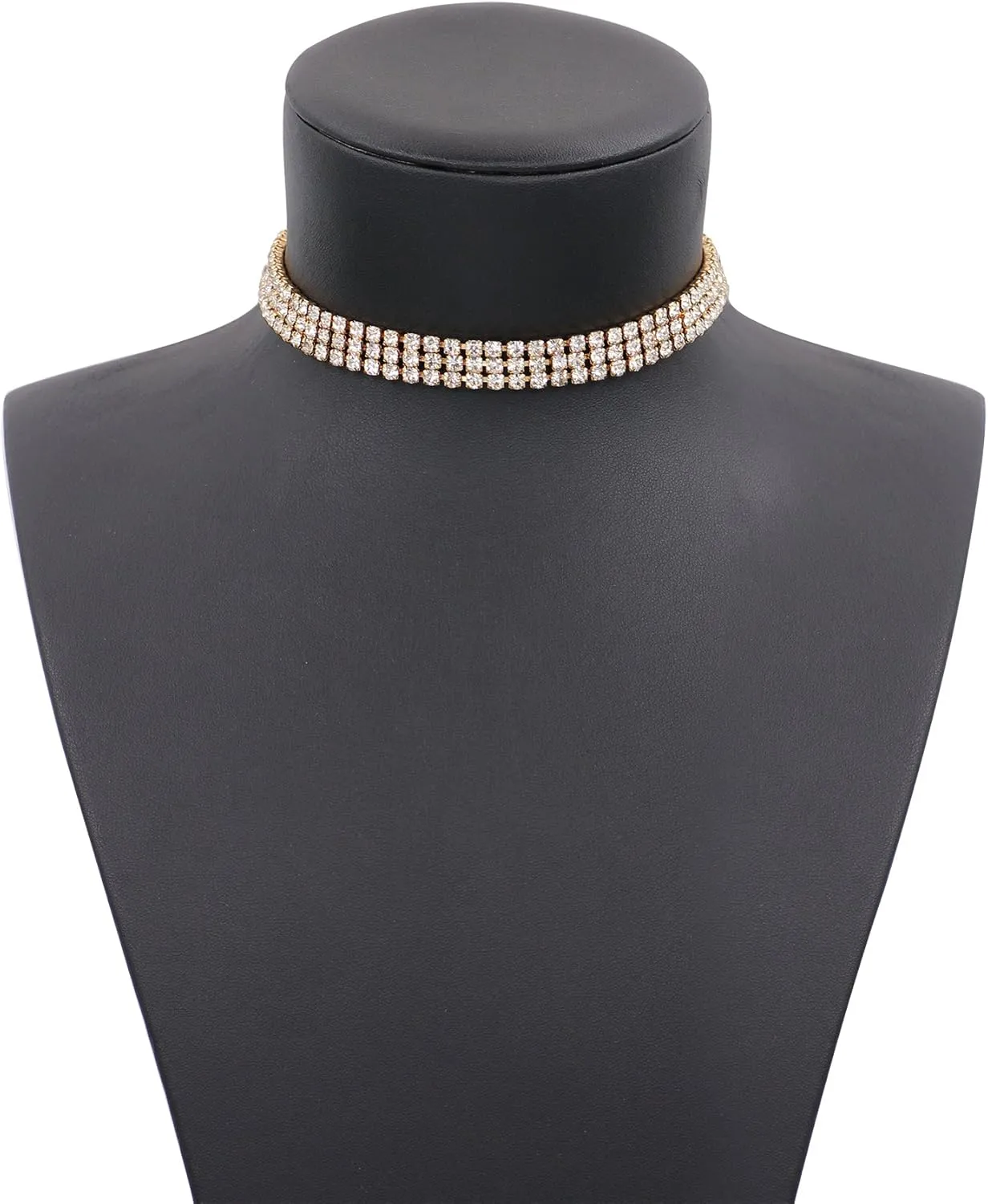 Zealmer 3 Row Rhinestone Choker Necklace for Women 18K Gold Plated