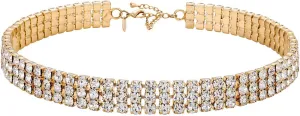 Zealmer 3 Row Rhinestone Choker Necklace for Women 18K Gold Plated