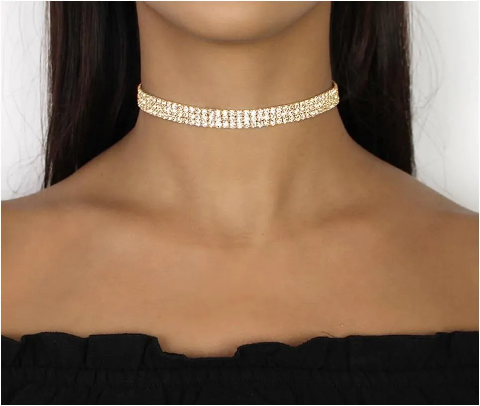 Zealmer 3 Row Rhinestone Choker Necklace for Women 18K Gold Plated
