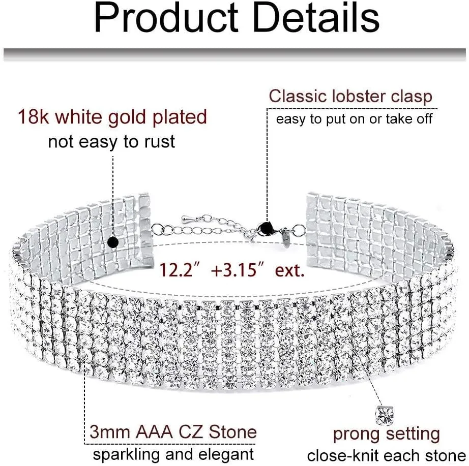 Zealmer Rhinestone Choker Necklaces Silver Sparkling Diamond Choker Crystal Rhinestone Glitter Necklace Gold Plated Jewelry Gifts for Women Bridal Wedding Bridesmaid