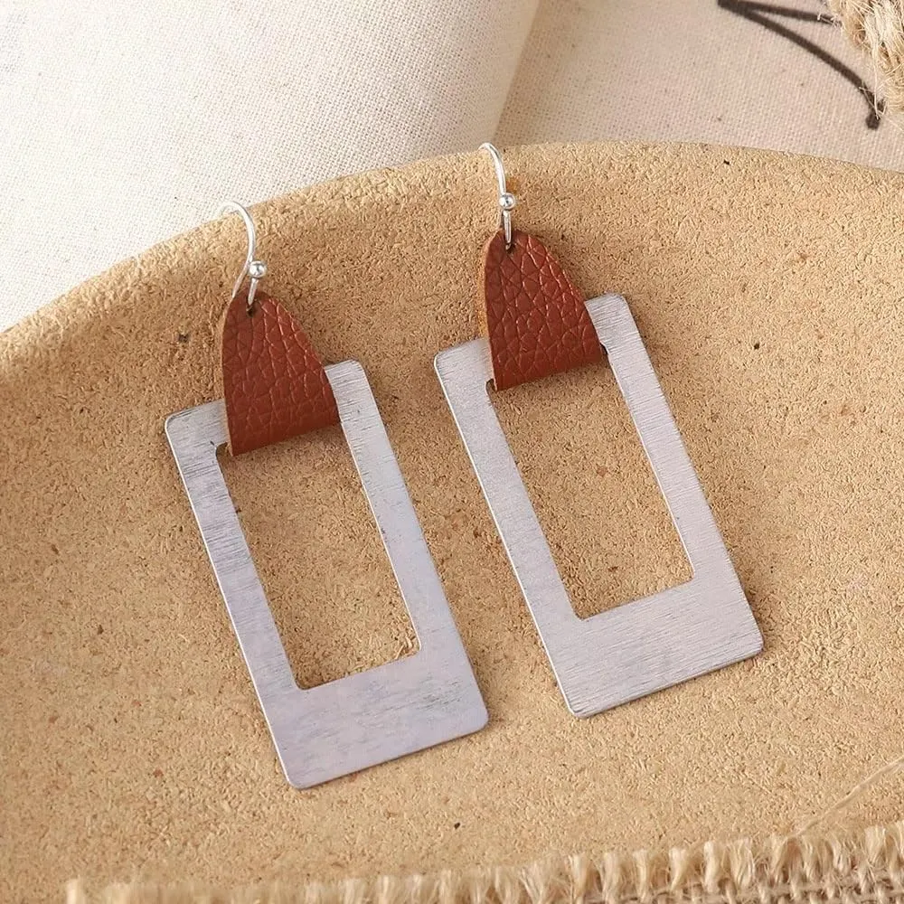 Zian Boho Silver Leather Earrings Handmade Hoop Earrings 80s Earrings Women'S Jewelry