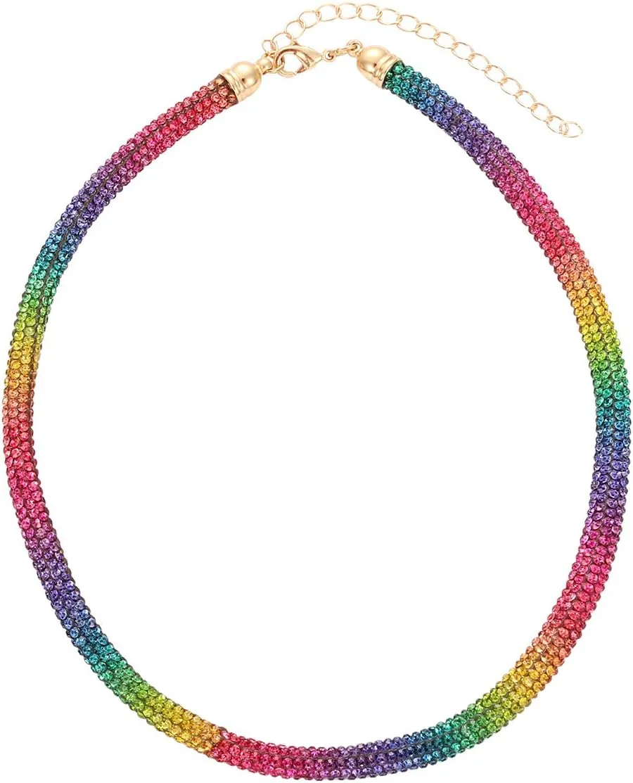 ZITULRY Crystaldust Choker Necklace for Women Rainbow Colored Rhinestone Beaded Choker Necklace for Girls