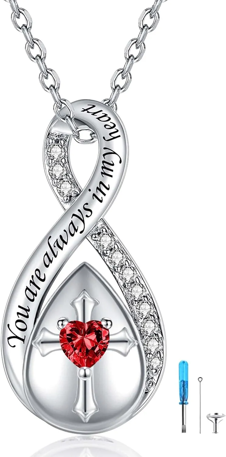 ZOEXUE Infinity Cross Cremation Jewelry - S925 Sterling Silver Cross Urn Necklace for Women - Birthstone Cross with Heart CZ Ashes Keepsake Pendant Memorial Urn Jewelry Gift for A Loss Loved Ones