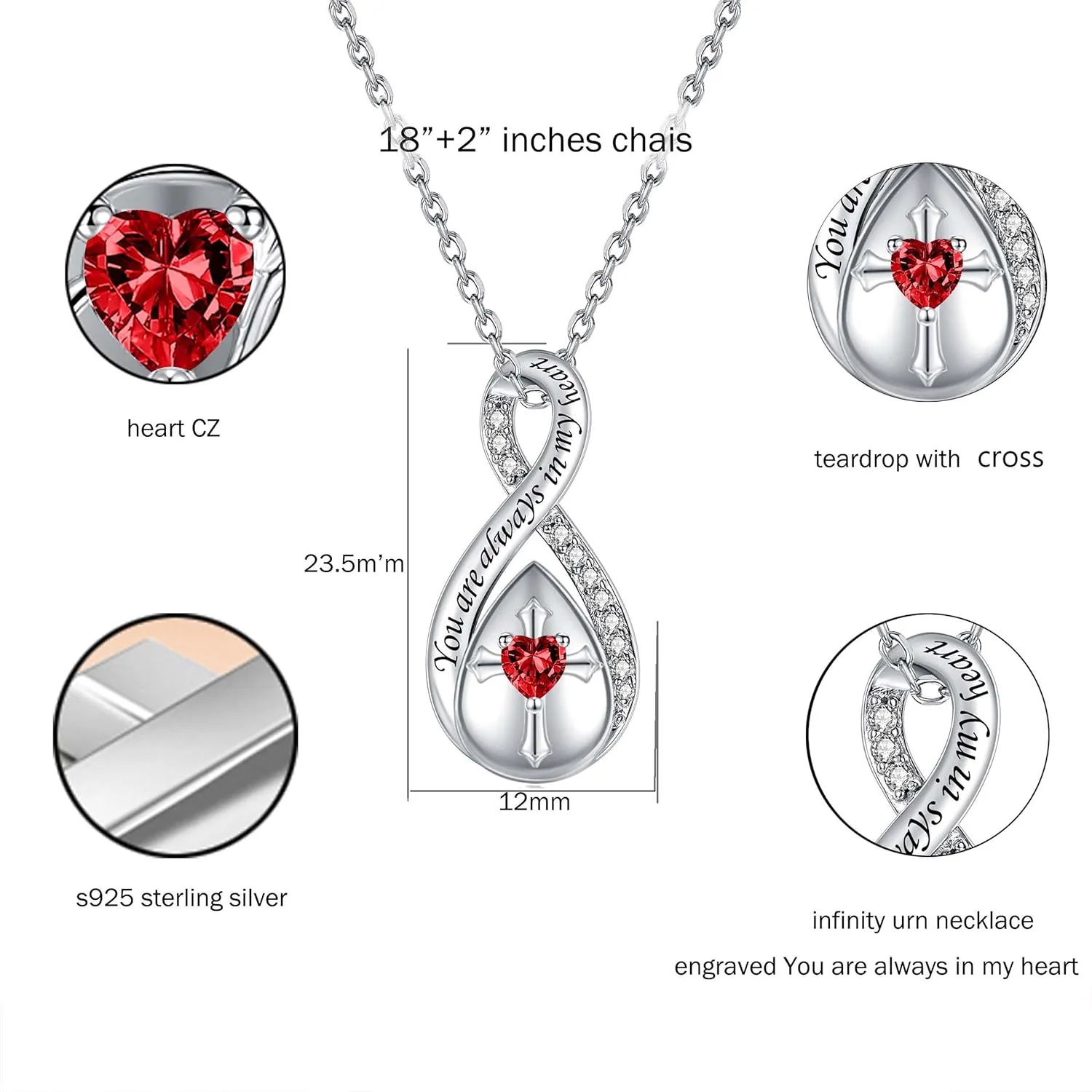 ZOEXUE Infinity Cross Cremation Jewelry - S925 Sterling Silver Cross Urn Necklace for Women - Birthstone Cross with Heart CZ Ashes Keepsake Pendant Memorial Urn Jewelry Gift for A Loss Loved Ones