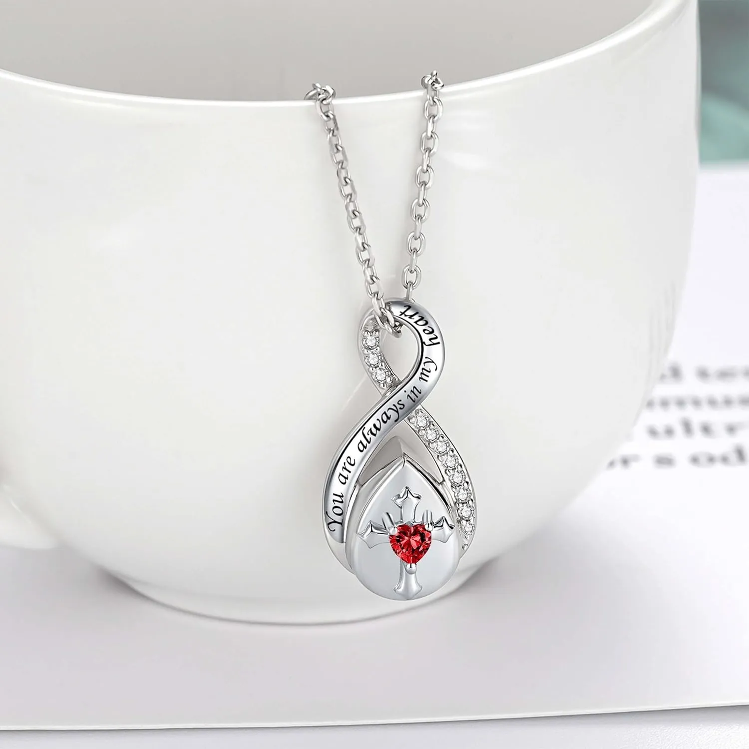 ZOEXUE Infinity Cross Cremation Jewelry - S925 Sterling Silver Cross Urn Necklace for Women - Birthstone Cross with Heart CZ Ashes Keepsake Pendant Memorial Urn Jewelry Gift for A Loss Loved Ones