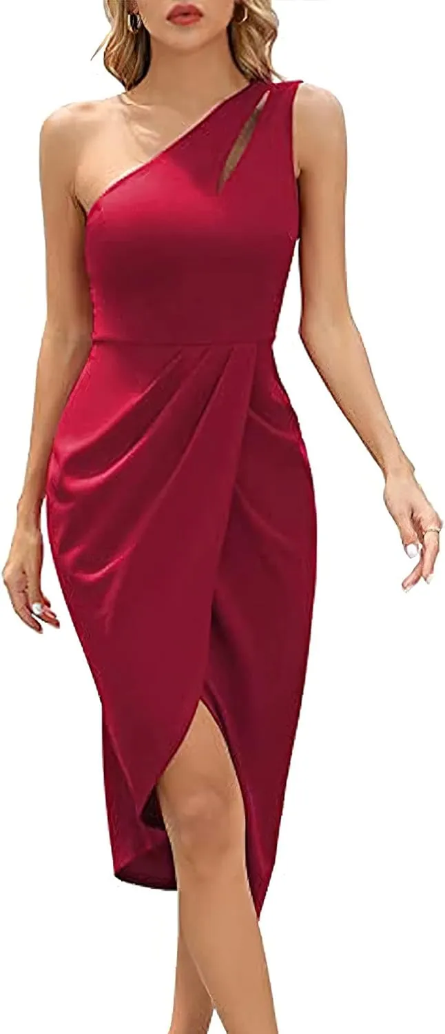 ZWRXW Women One Shoulder Ruched Bodycon Mini Dress Summer Cutout Slit Wrap Party Cocktail Midi Dresses Elegant Formal Dress